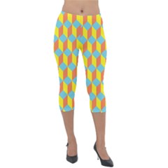 Cube Hexagon Pattern Yellow Blue Lightweight Velour Capri Leggings  by Vaneshart