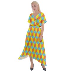 Cube Hexagon Pattern Yellow Blue Cross Front Sharkbite Hem Maxi Dress by Vaneshart