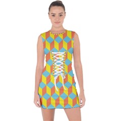 Cube Hexagon Pattern Yellow Blue Lace Up Front Bodycon Dress