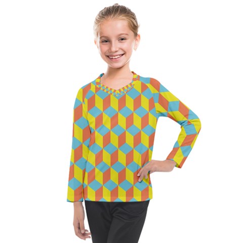 Cube Hexagon Pattern Yellow Blue Kids  Long Mesh Tee by Vaneshart