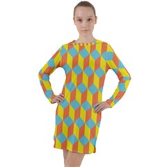 Cube Hexagon Pattern Yellow Blue Long Sleeve Hoodie Dress