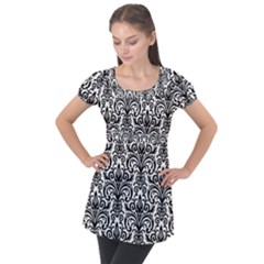 Overlay Transparent Pattern Puff Sleeve Tunic Top by Vaneshart