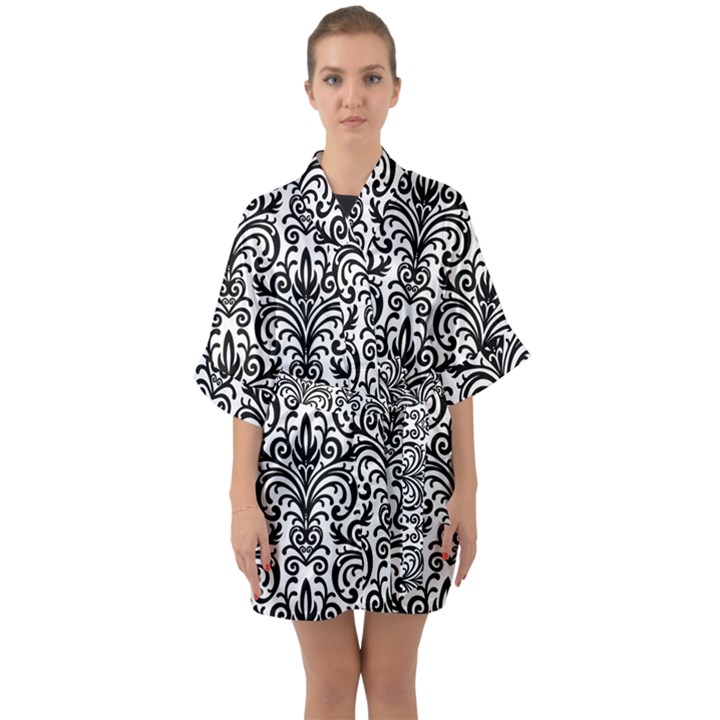 Overlay Transparent Pattern Half Sleeve Satin Kimono 