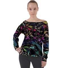 Background Drawing Colorful Pattern Off Shoulder Long Sleeve Velour Top