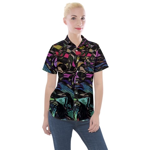 Background Drawing Colorful Pattern Women s Short Sleeve Pocket Shirt by Vaneshart