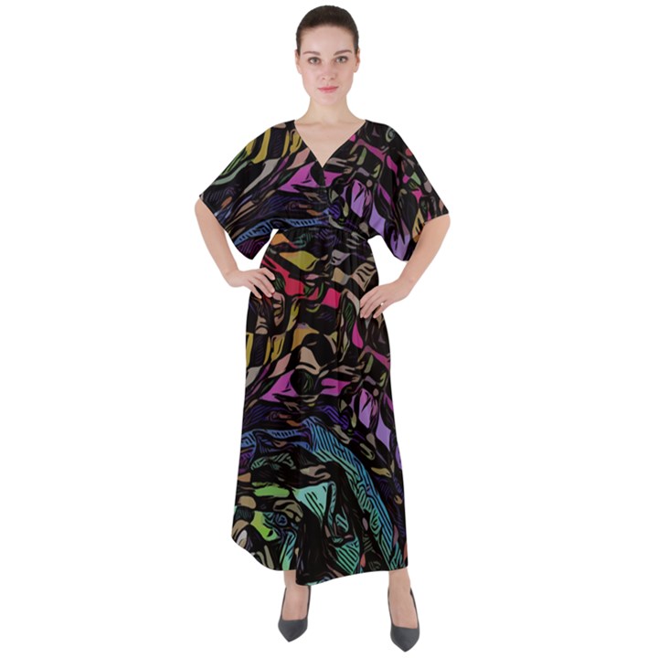 Background Drawing Colorful Pattern V-Neck Boho Style Maxi Dress