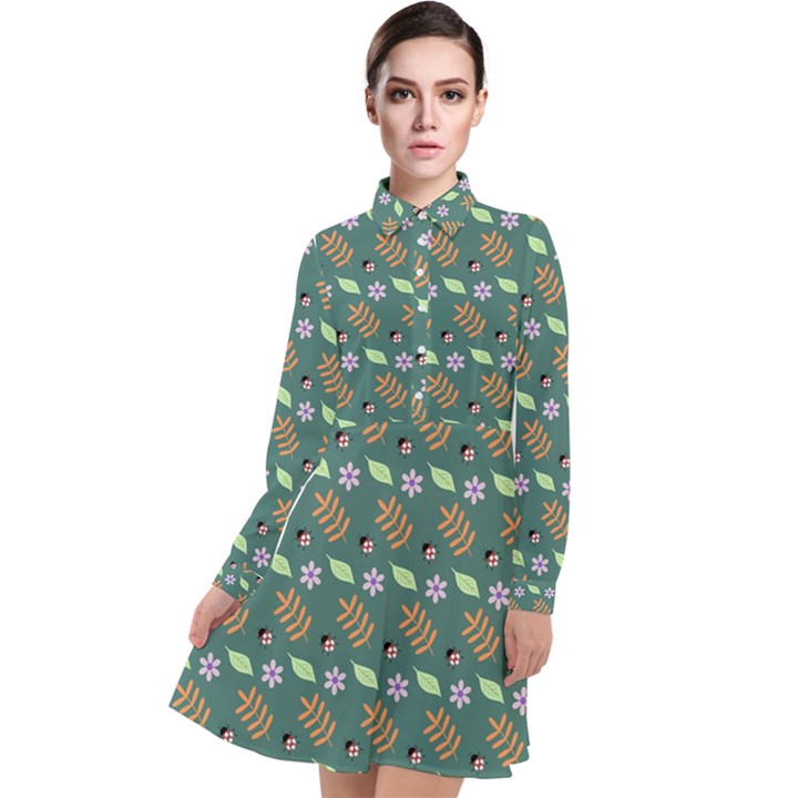 Nature Pattern Spring Green Long Sleeve Chiffon Shirt Dress