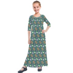 Nature Pattern Spring Green Kids  Quarter Sleeve Maxi Dress by Vaneshart