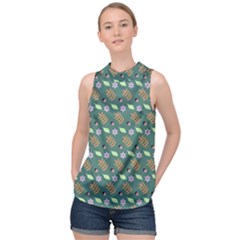 Nature Pattern Spring Green High Neck Satin Top by Vaneshart