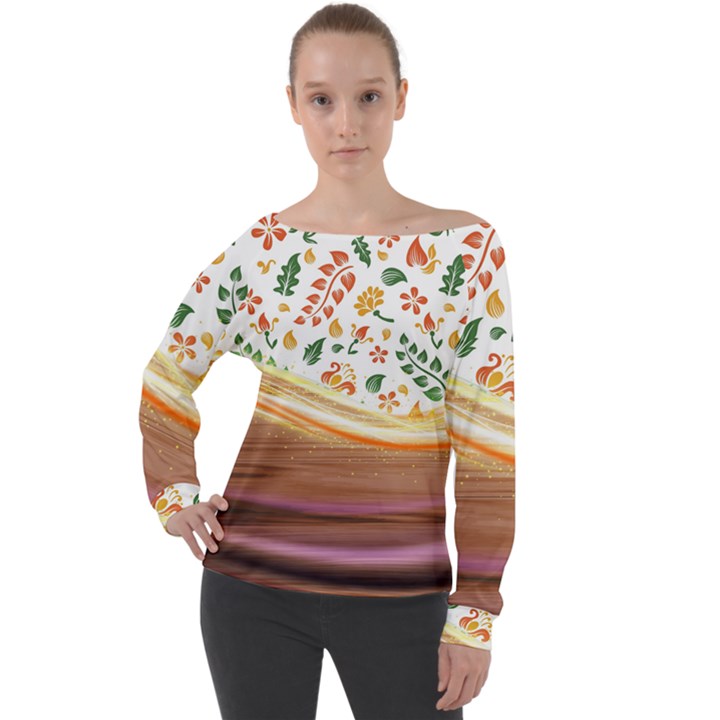 Floral Background Abstract Pattern Off Shoulder Long Sleeve Velour Top