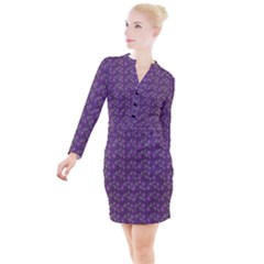 Flowers Violet Decorative Pattern Button Long Sleeve Dress by Vaneshart