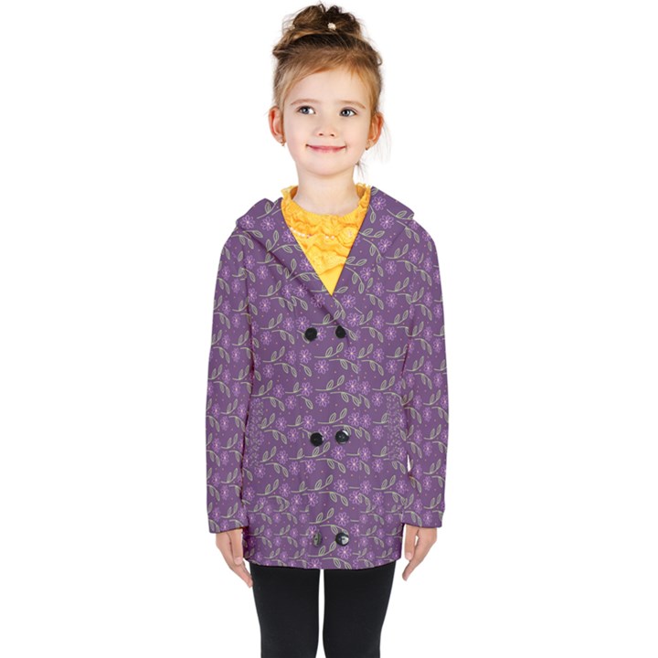 Flowers Violet Decorative Pattern Kids  Double Breasted Button Coat