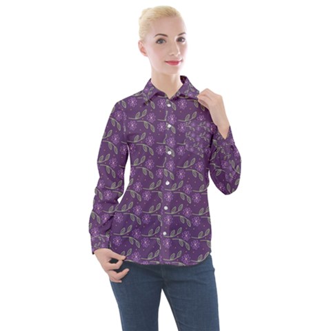 Flowers Violet Decorative Pattern Women s Long Sleeve Pocket Shirt by Vaneshart