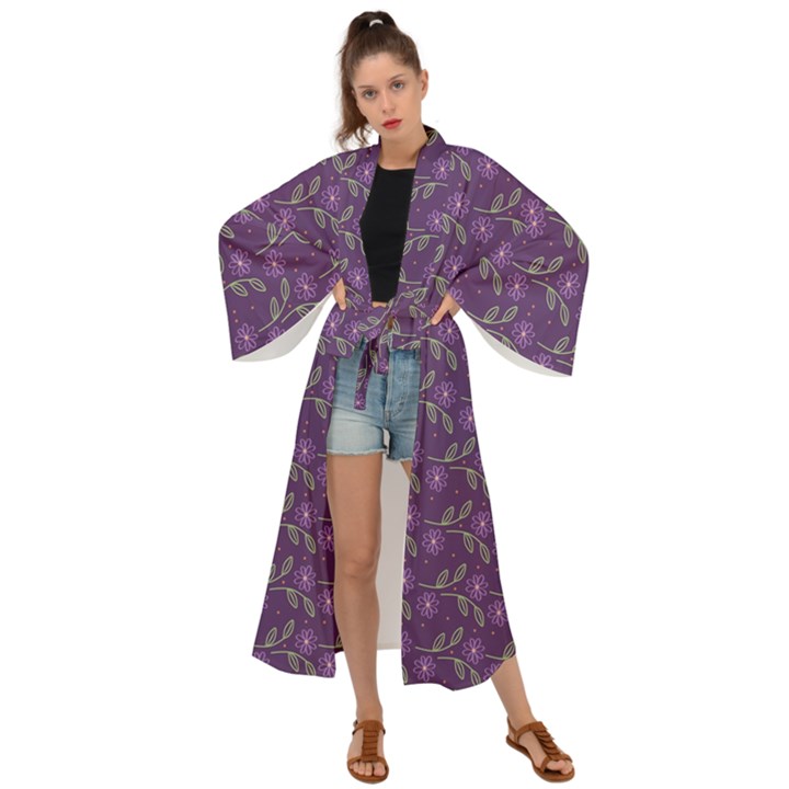 Flowers Violet Decorative Pattern Maxi Kimono