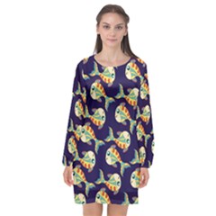 Fish Background Abstract Animal Long Sleeve Chiffon Shift Dress  by Vaneshart