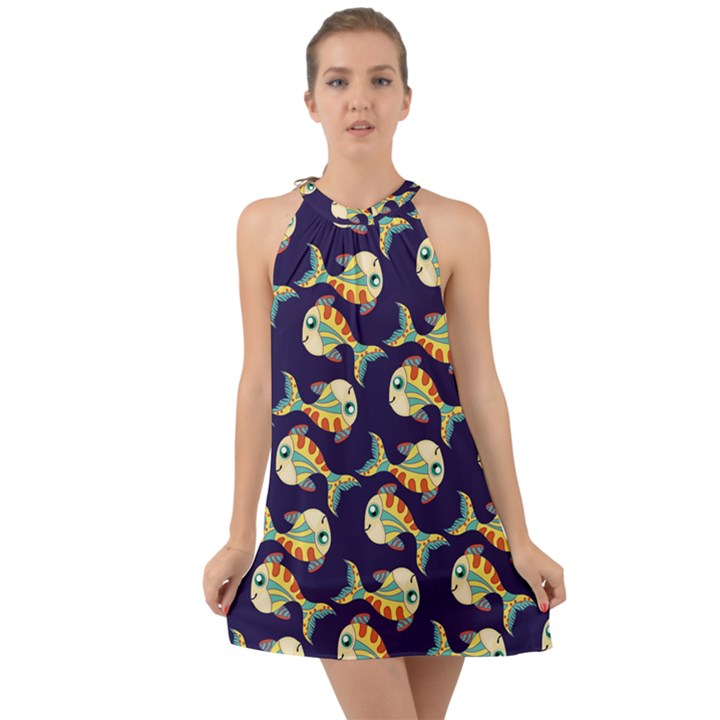 Fish Background Abstract Animal Halter Tie Back Chiffon Dress