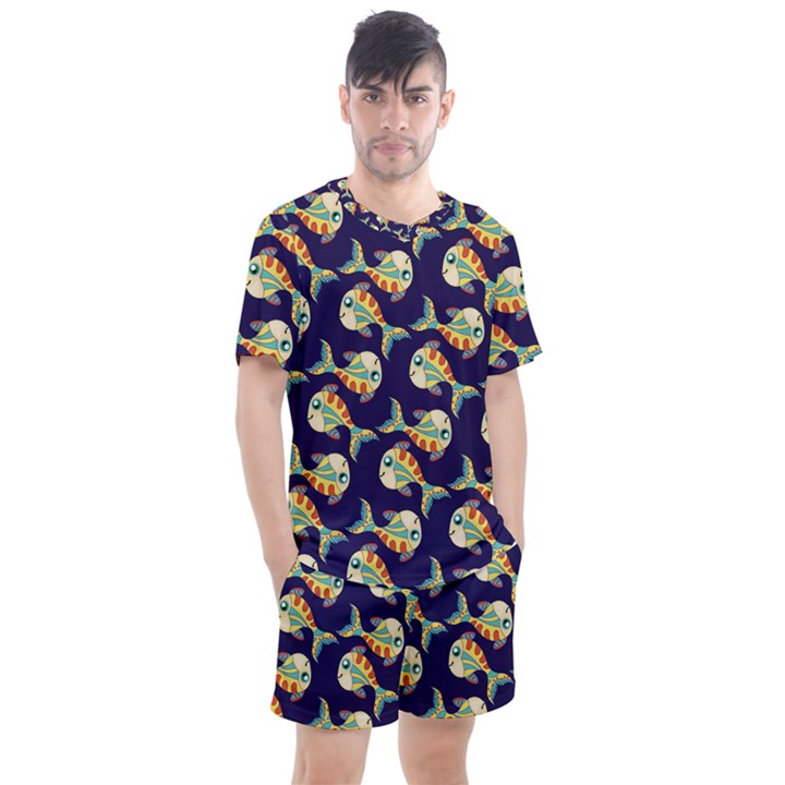 Fish Background Abstract Animal Men s Mesh Tee and Shorts Set