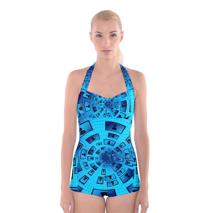 Social Media Smartphone Monitor Boyleg Halter Swimsuit 