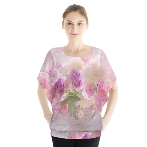 Nature Landscape Flowers Peonie Batwing Chiffon Blouse by Vaneshart