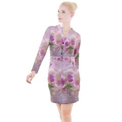 Nature Landscape Flowers Peonie Button Long Sleeve Dress by Vaneshart