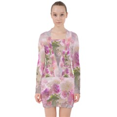 Nature Landscape Flowers Peonie V-neck Bodycon Long Sleeve Dress by Vaneshart