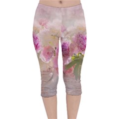 Nature Landscape Flowers Peonie Velvet Capri Leggings  by Vaneshart