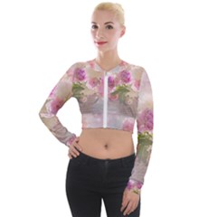 Nature Landscape Flowers Peonie Long Sleeve Cropped Velvet Jacket by Vaneshart