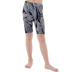 Fern Leaves Foliage Black And White Kids  Mid Length Swim Shorts