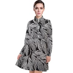 Fern Leaves Foliage Black And White Long Sleeve Chiffon Shirt Dress by Vaneshart