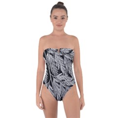 Fern Leaves Foliage Black And White Tie Back One Piece Swimsuit by Vaneshart