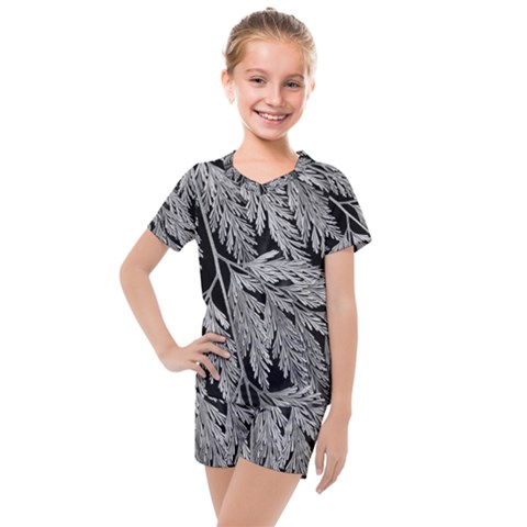 Fern Leaves Foliage Black And White Kids  Mesh Tee And Shorts Set by Vaneshart