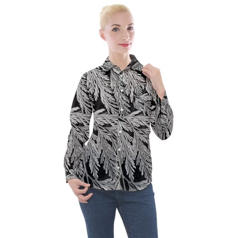 Fern Leaves Foliage Black And White Women s Long Sleeve Pocket Shirt by Vaneshart