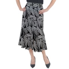 Fern Leaves Foliage Black And White Midi Mermaid Skirt by Vaneshart