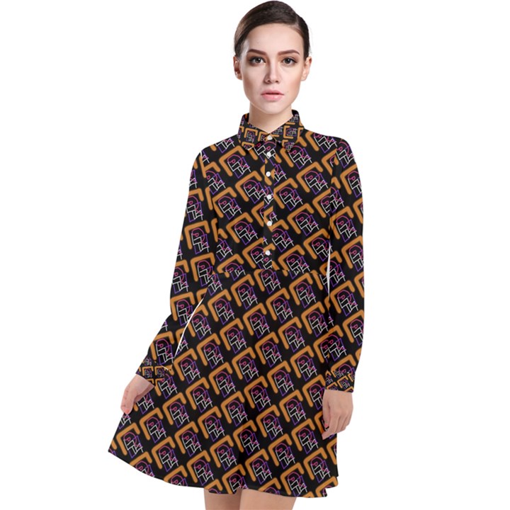 Abstract Orange Geometric Pattern Long Sleeve Chiffon Shirt Dress