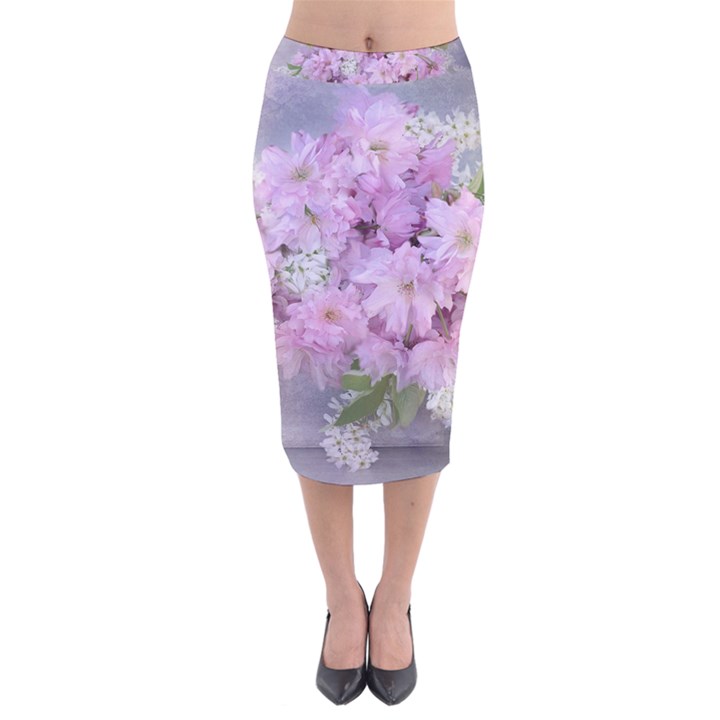 Nature Landscape Cherry Blossoms Velvet Midi Pencil Skirt