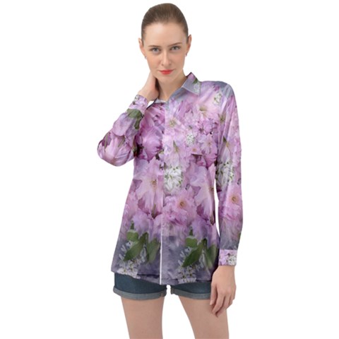 Nature Landscape Cherry Blossoms Long Sleeve Satin Shirt by Vaneshart