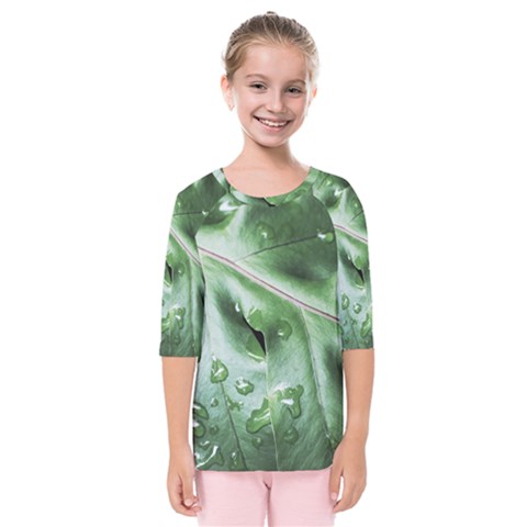 Green Wet Rain Water Drops Plant Kids  Quarter Sleeve Raglan Tee by Vaneshart