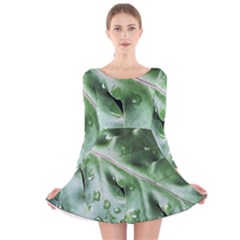 Green Wet Rain Water Drops Plant Long Sleeve Velvet Skater Dress