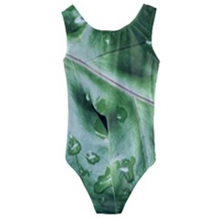 Green Wet Rain Water Drops Plant Kids  Cut-out Back One Piece Swimsuit by Vaneshart