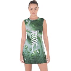 Green Wet Rain Water Drops Plant Lace Up Front Bodycon Dress by Vaneshart