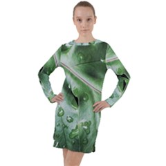 Green Wet Rain Water Drops Plant Long Sleeve Hoodie Dress