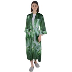 Green Wet Rain Water Drops Plant Maxi Satin Kimono