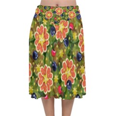 Fruit Star Blueberry Cherry Leaf Velvet Flared Midi Skirt