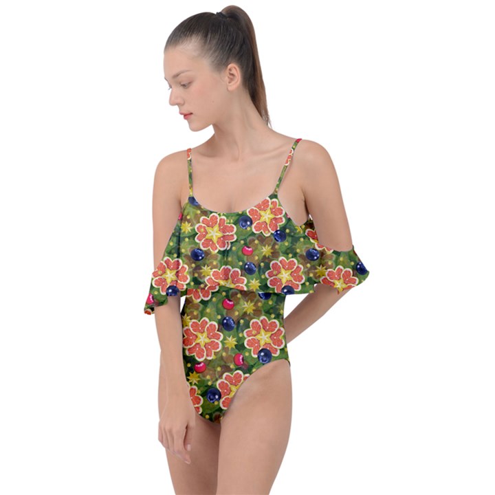 Fruit Star Blueberry Cherry Leaf Drape Piece Swimsuit