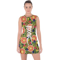 Fruit Star Blueberry Cherry Leaf Lace Up Front Bodycon Dress