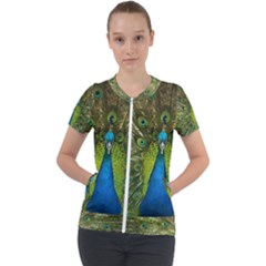 Peacock Feathers Bird Nature Short Sleeve Zip Up Jacket by Vaneshart