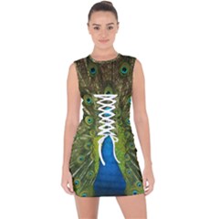 Peacock Feathers Bird Nature Lace Up Front Bodycon Dress by Vaneshart