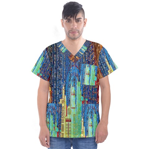 Matrix City Urbanization Technology Men s V-neck Scrub Top by Vaneshart