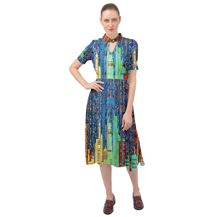 Matrix City Urbanization Technology Keyhole Neckline Chiffon Dress