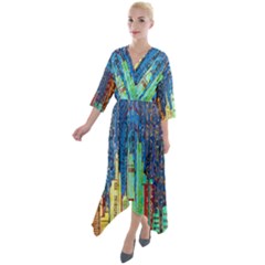 Matrix City Urbanization Technology Quarter Sleeve Wrap Front Maxi Dress